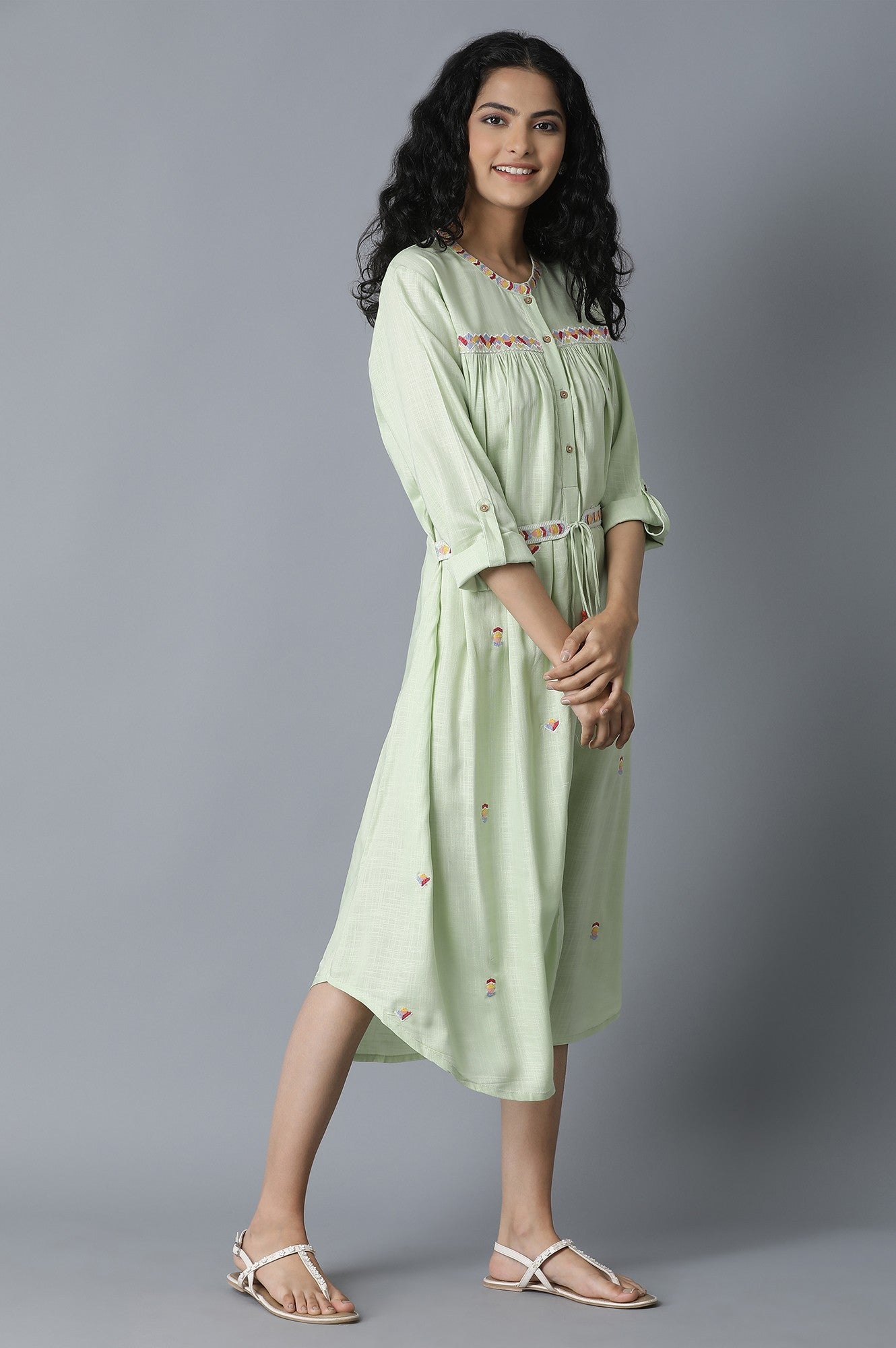 Pista Green Gathered Shirt Dress