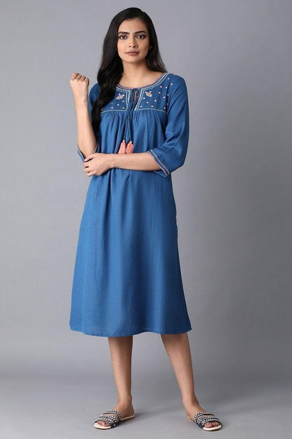 Ink Blue Embroidered Yoke Dress - wforwoman