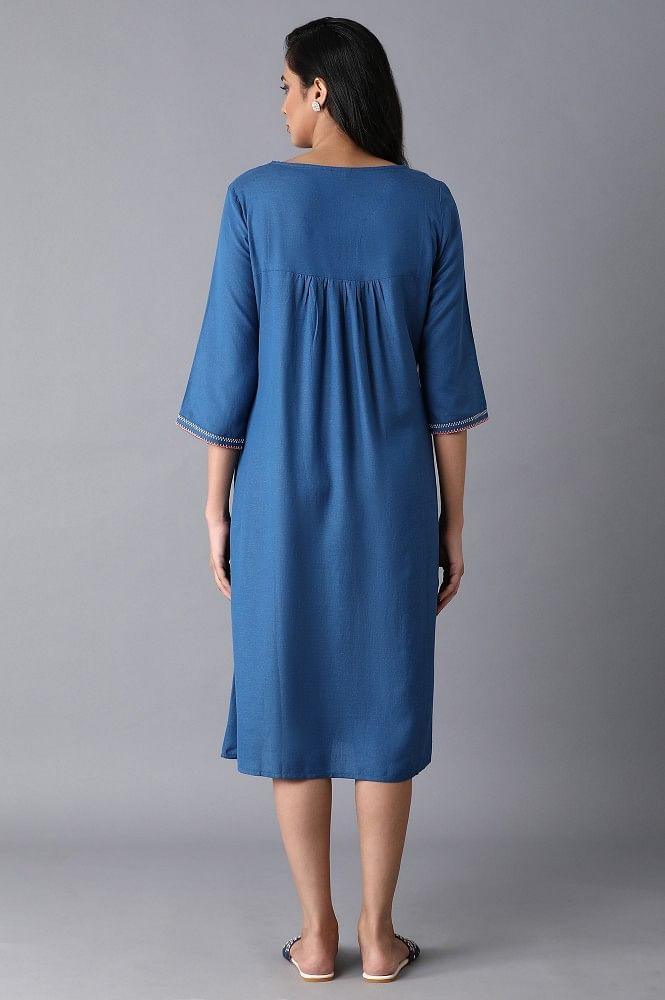 Ink Blue Embroidered Yoke Dress - wforwoman