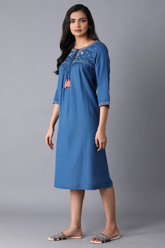 Ink Blue Embroidered Yoke Dress - wforwoman