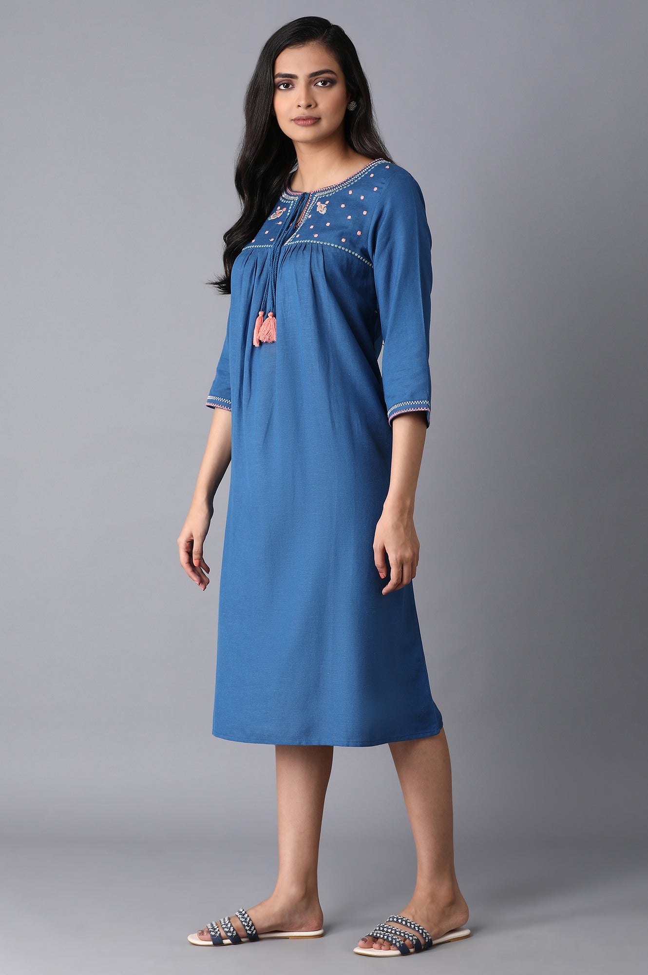 Ink Blue Embroidered Yoke Dress