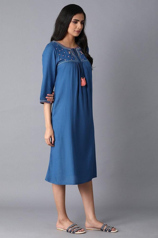 Ink Blue Embroidered Yoke Dress - wforwoman