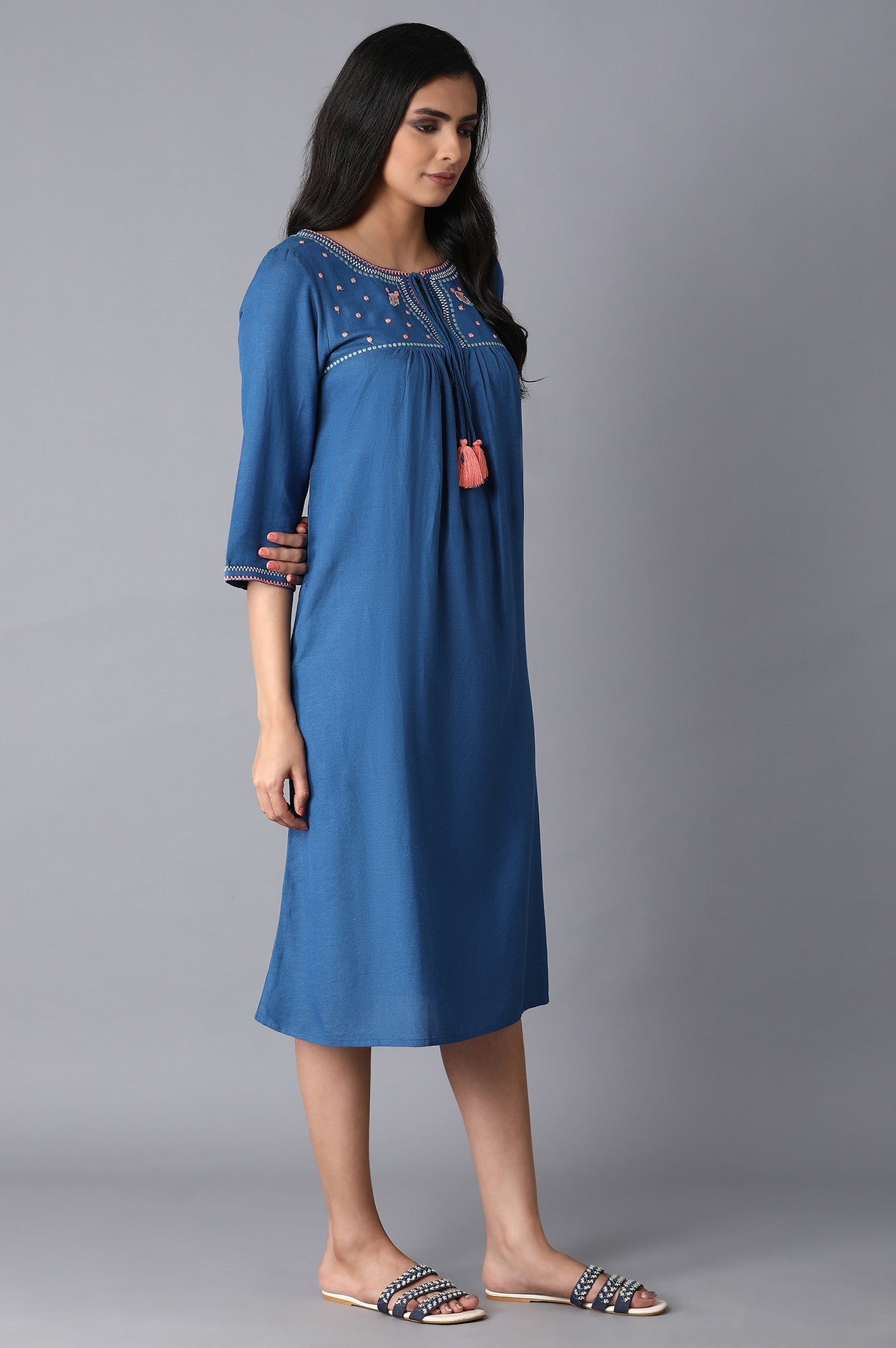 Ink Blue Embroidered Yoke Dress