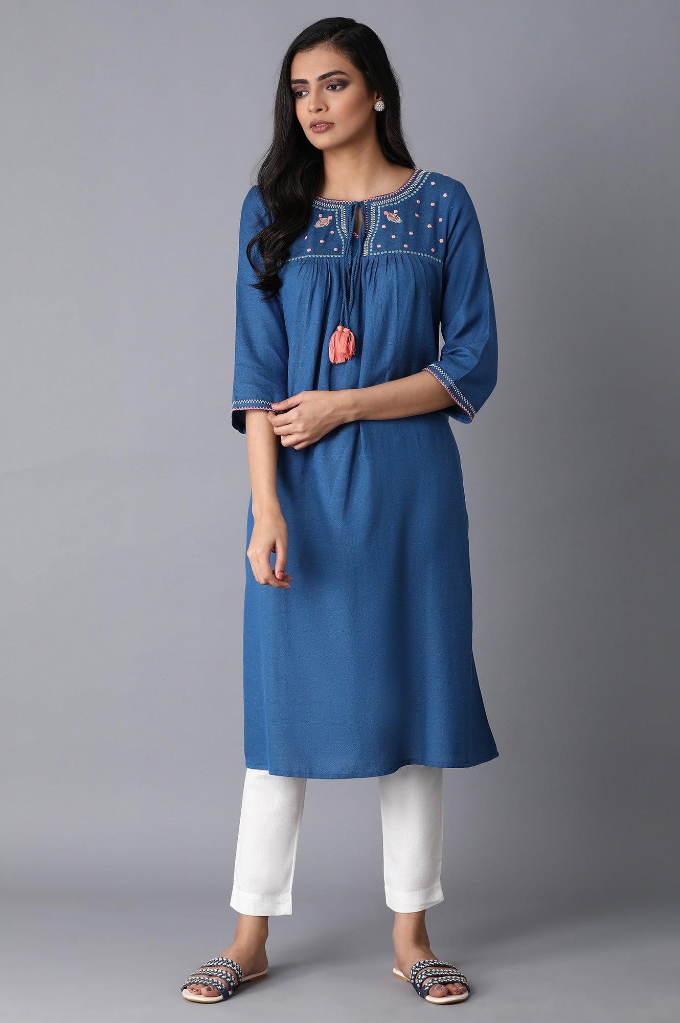 Ink Blue Embroidered Yoke Dress