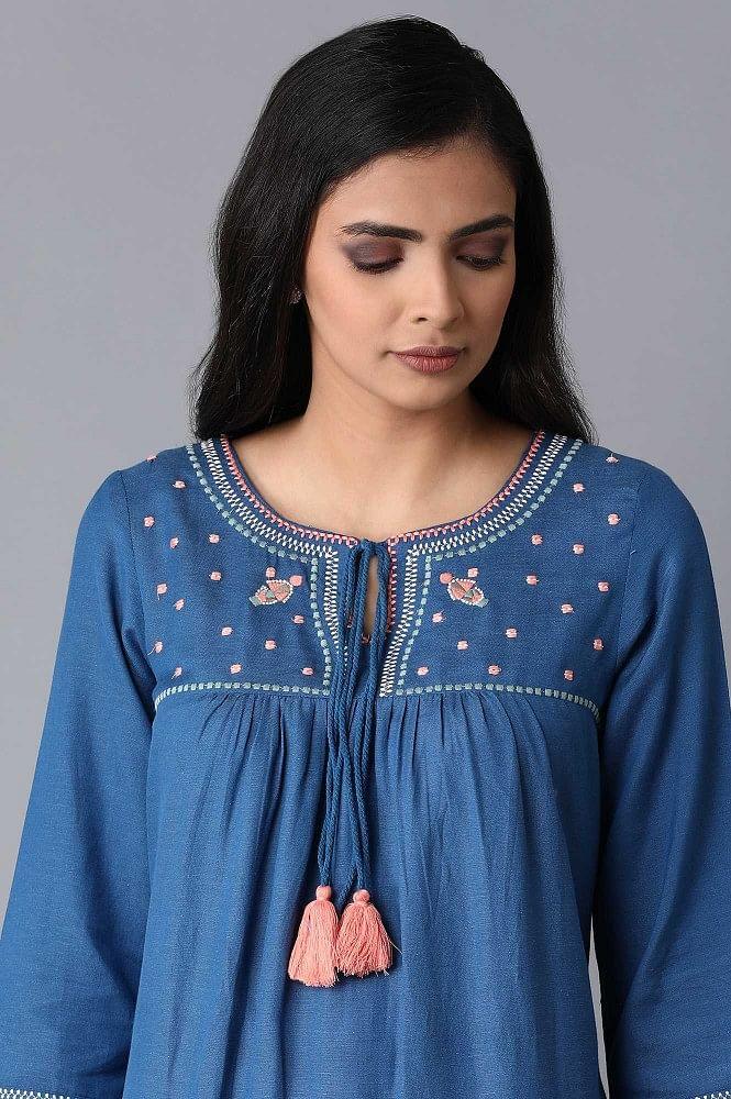 Ink Blue Embroidered Yoke Dress - wforwoman