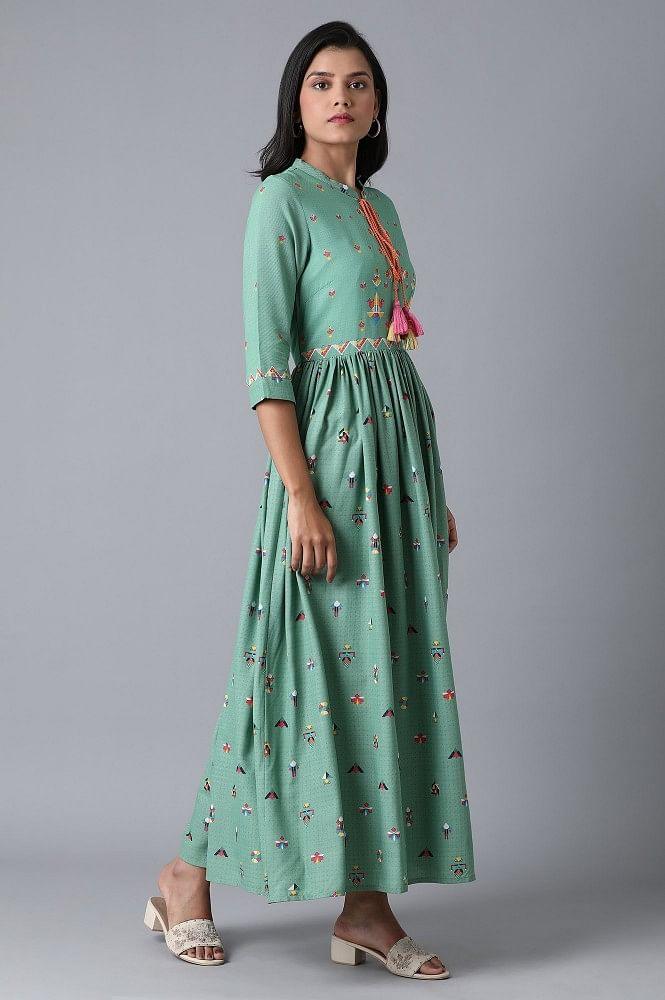 Teal Blue Multicoloured Print Dress - wforwoman