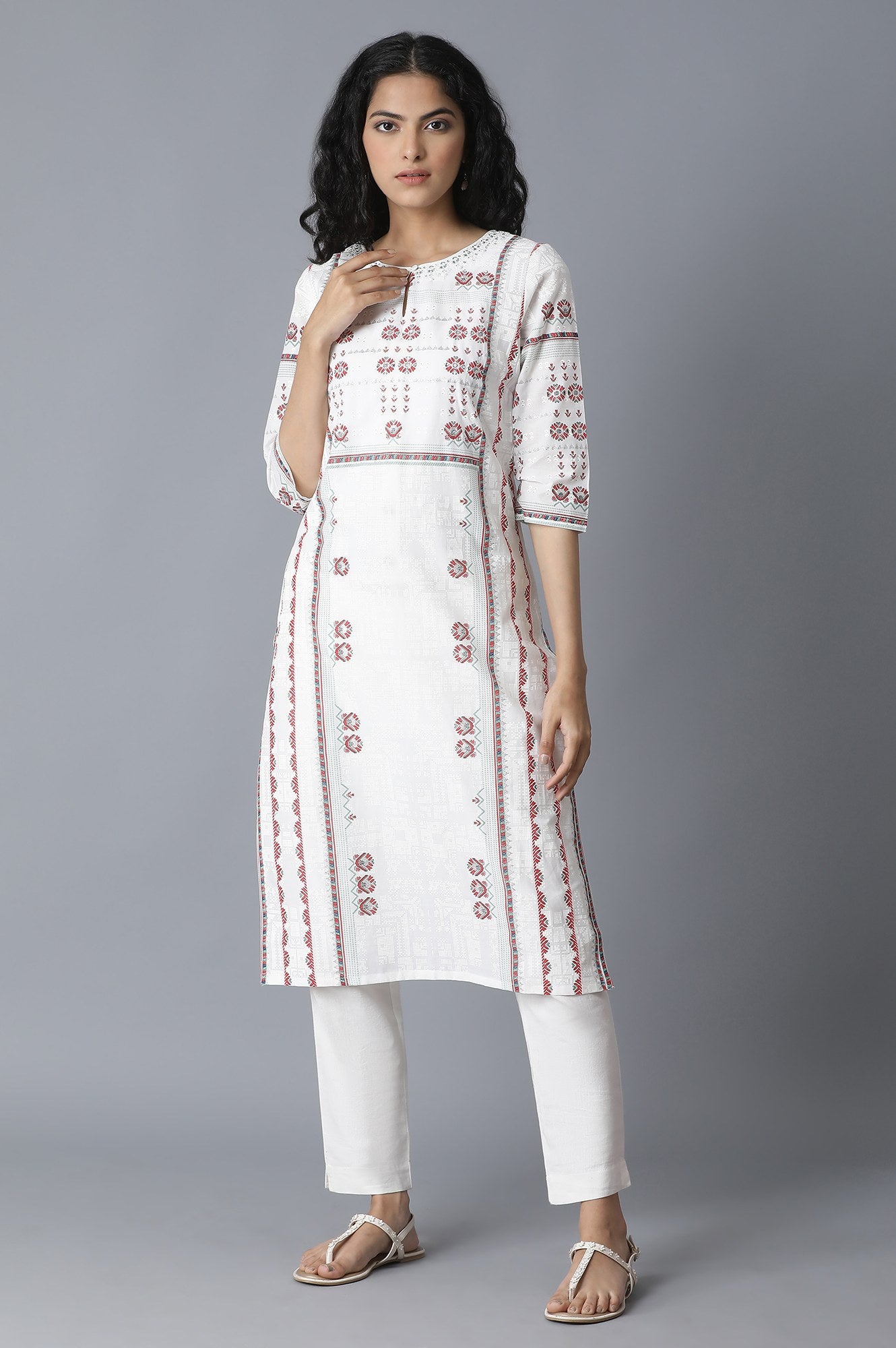 White Shantung Glitter and Khadri Print kurta