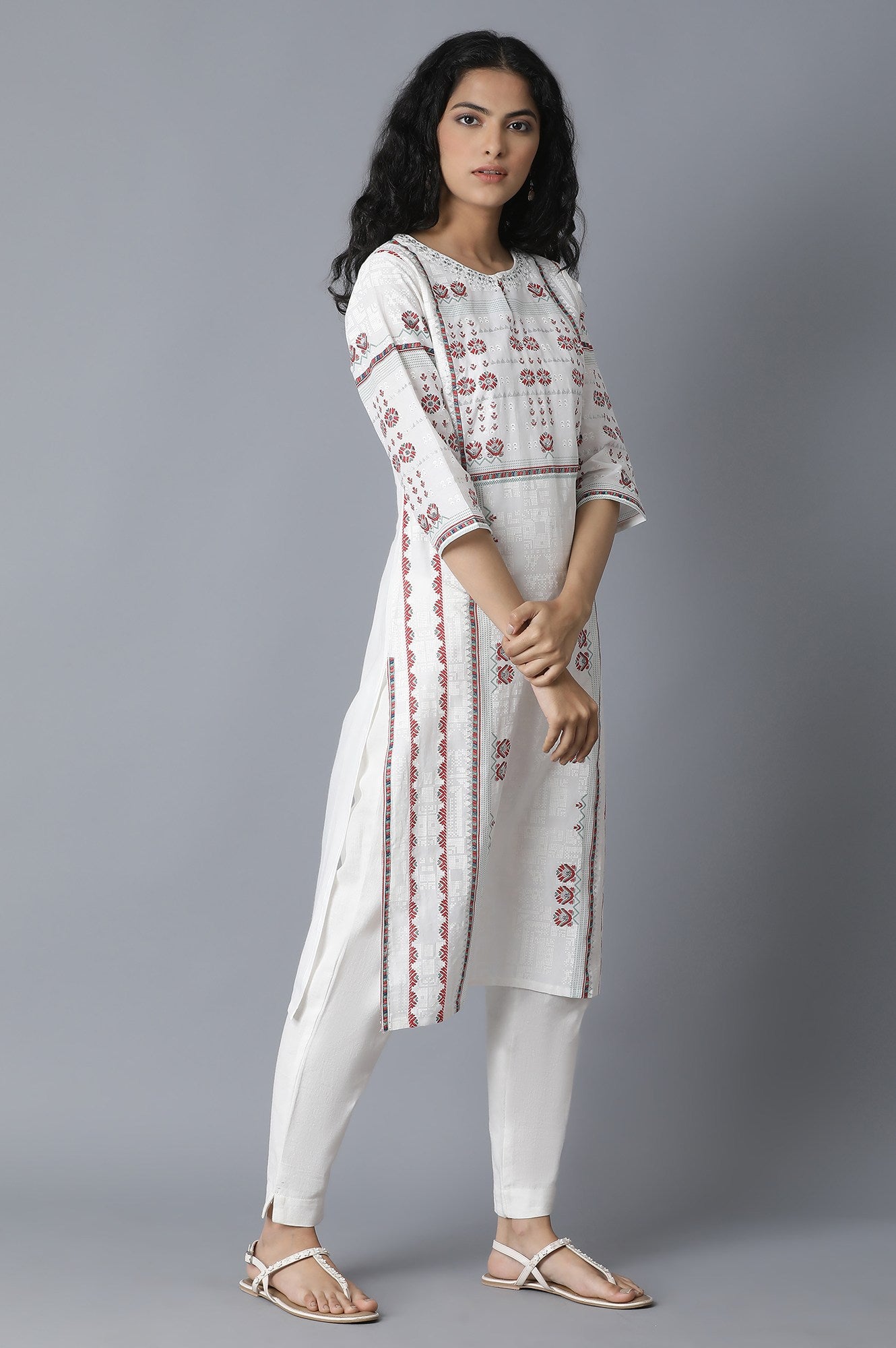 White Shantung Glitter and Khadri Print kurta