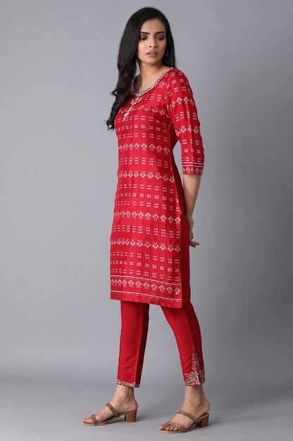 Red Printed Straight kurta