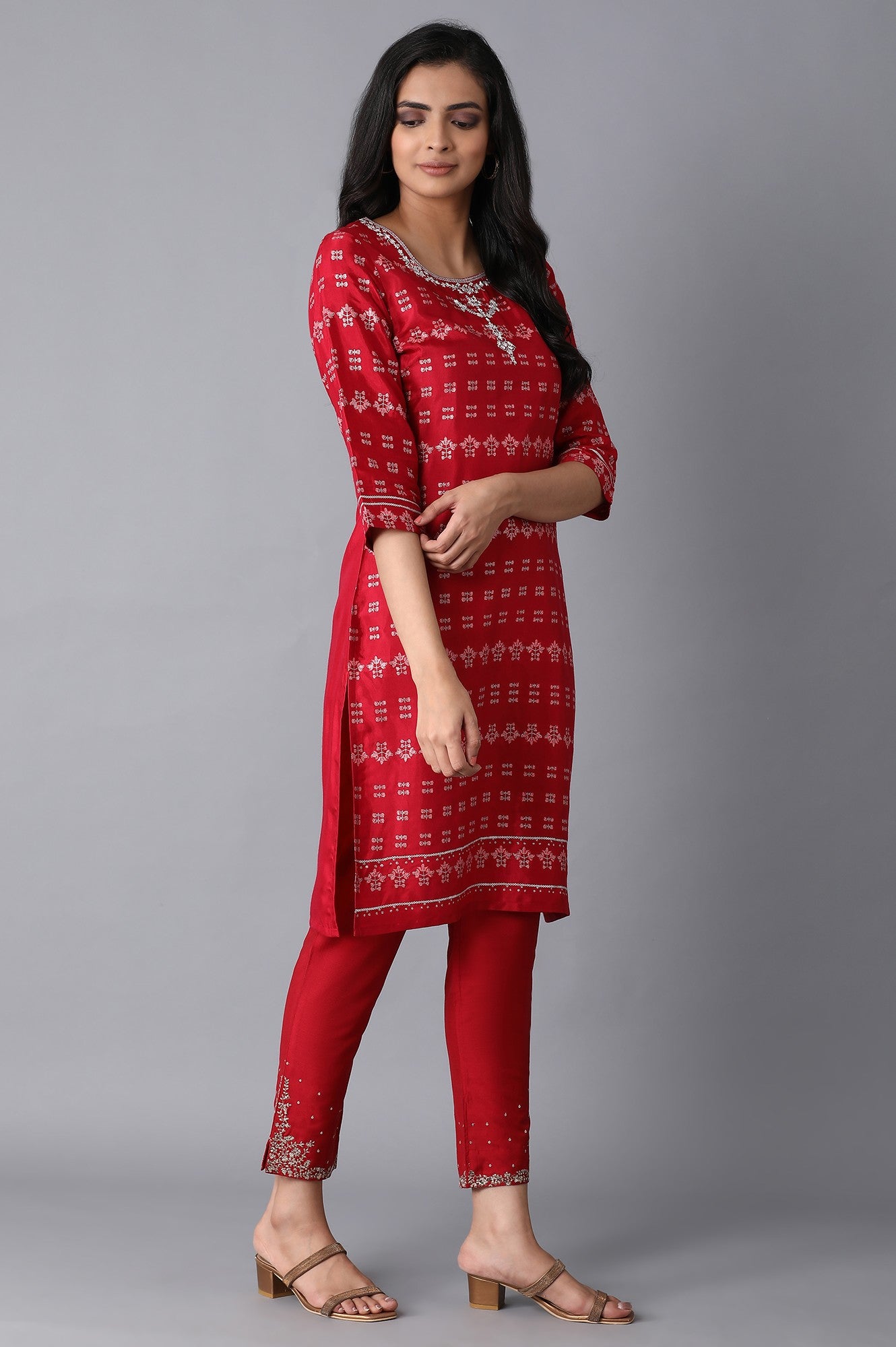 Red Printed Straight kurta