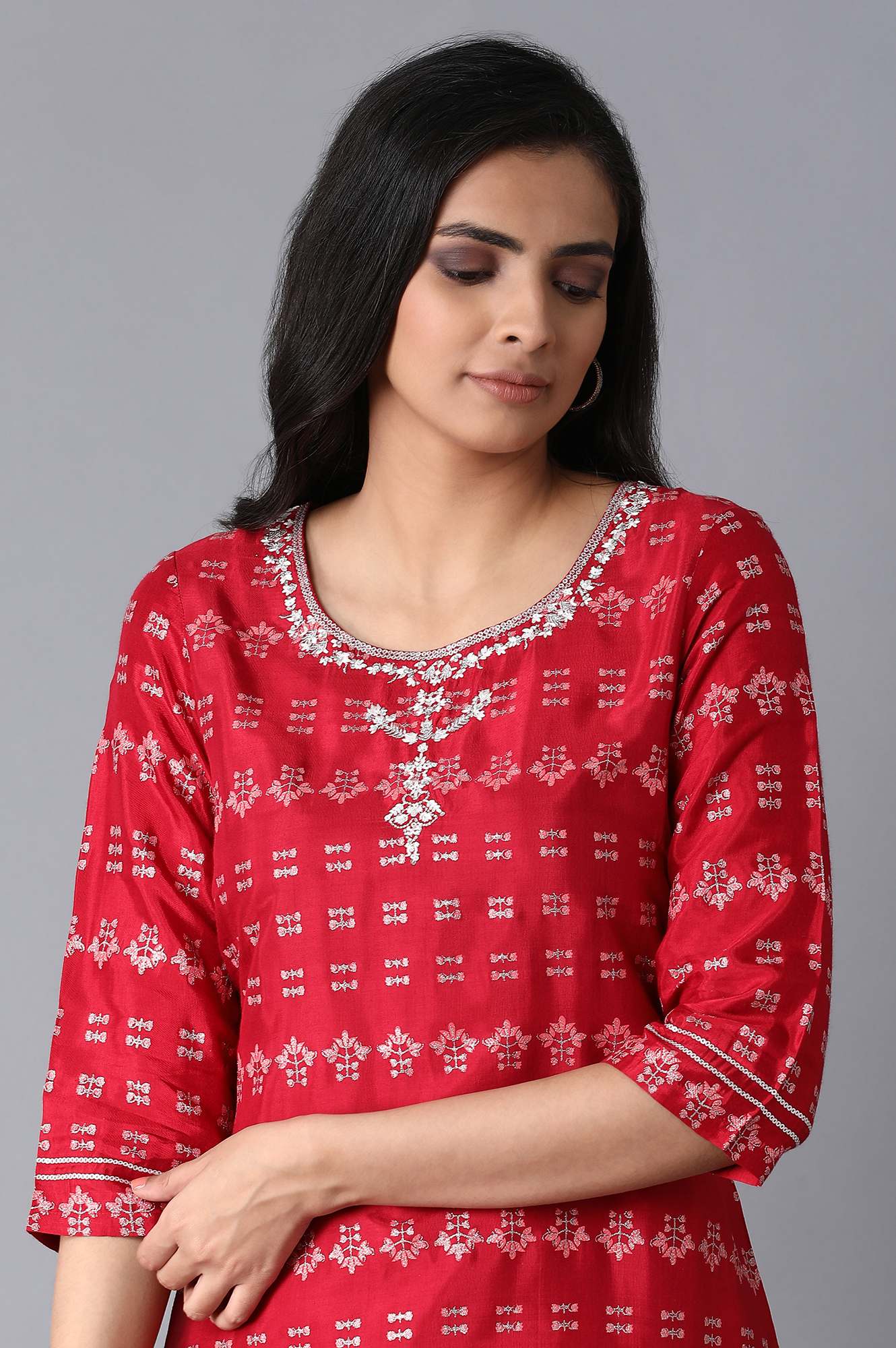 Red Printed Straight kurta