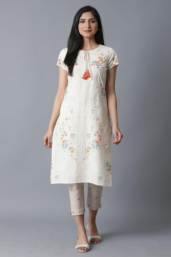 Ecru Placement Print Cotton kurta - wforwoman