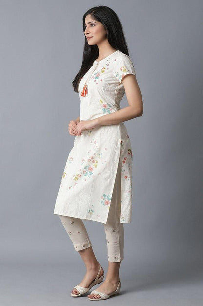 Ecru Placement Print Cotton kurta - wforwoman