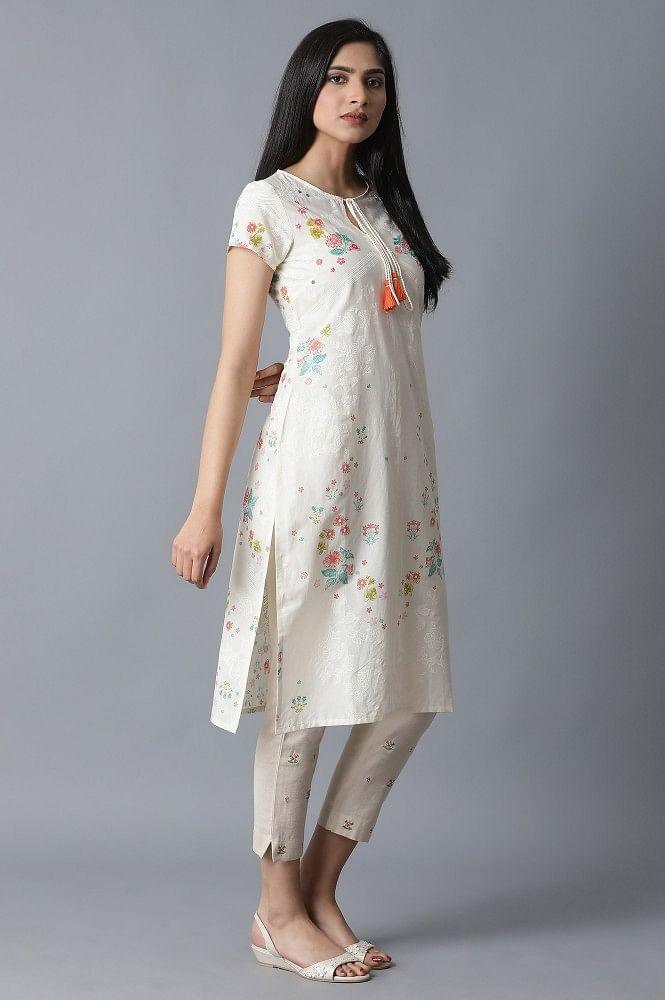 Ecru Placement Print Cotton kurta - wforwoman