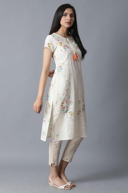 Ecru Placement Print Cotton kurta - wforwoman