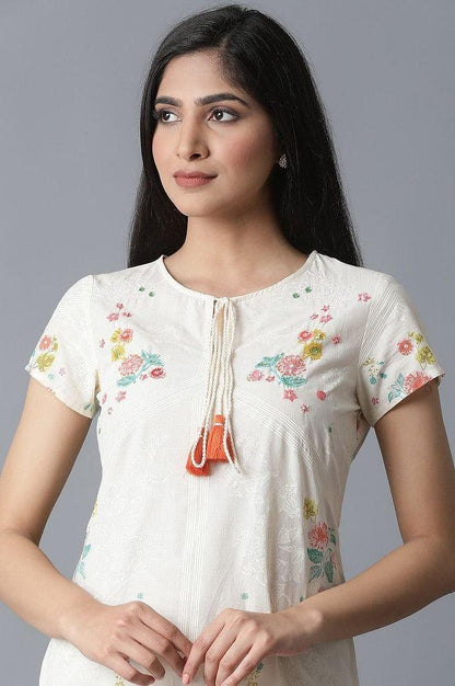 Ecru Placement Print Cotton kurta - wforwoman