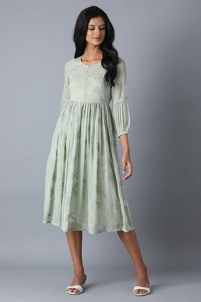 Powder Green Embroidered Chiffon Dress - wforwoman