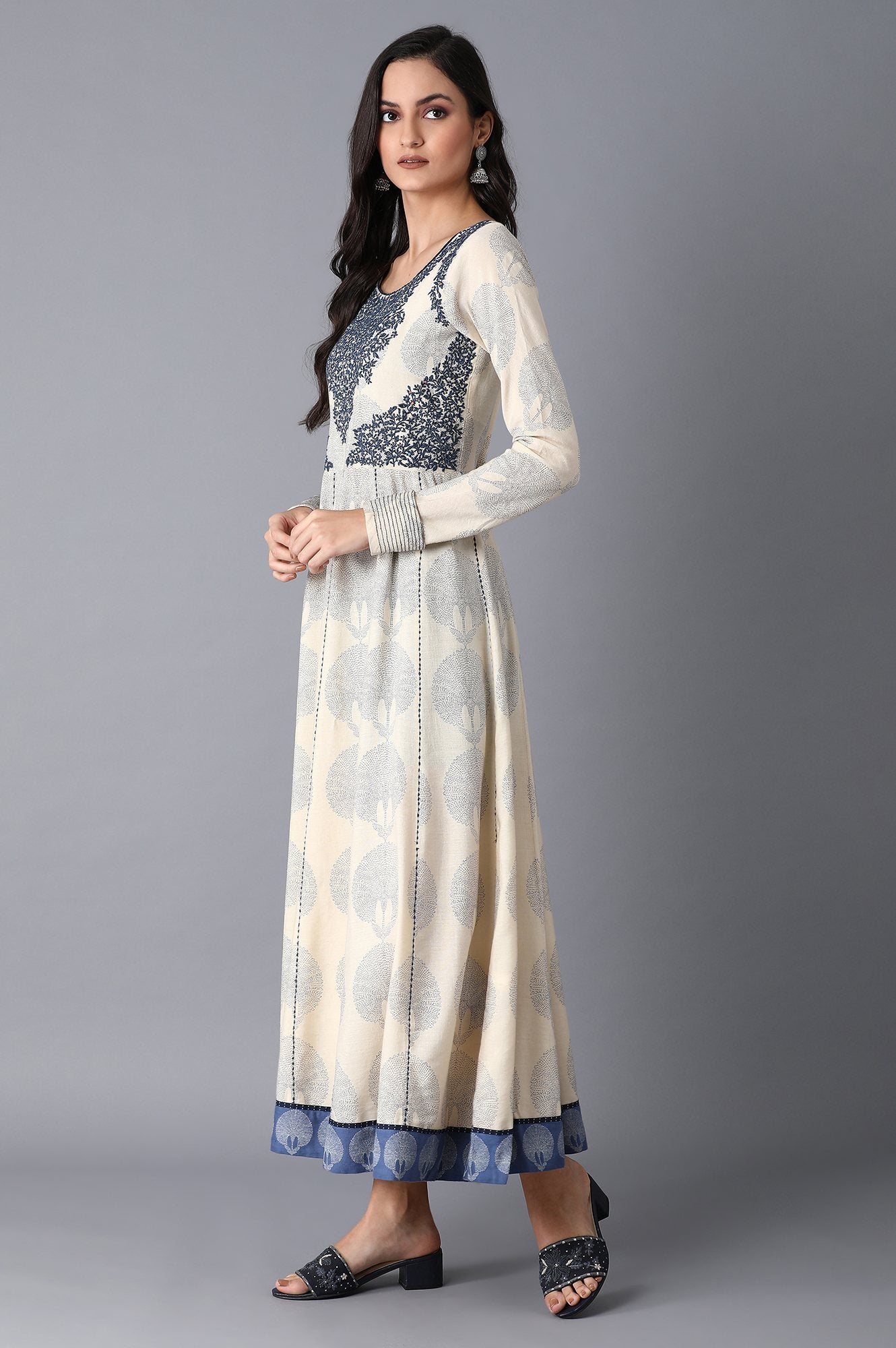 Ecru Printed Kalidar Dress