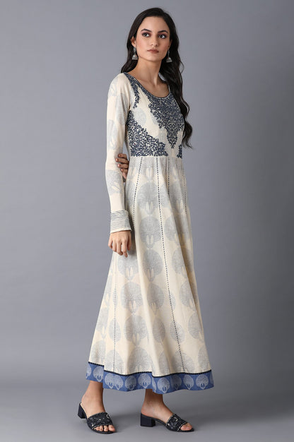 Ecru Printed Kalidar Dress