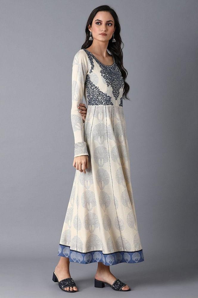 Ecru Printed Kalidar Dress - wforwoman
