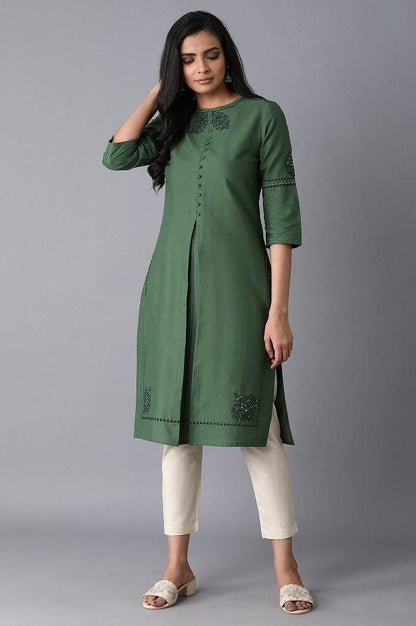 ELM Green Embroidered Straight kurta - wforwoman