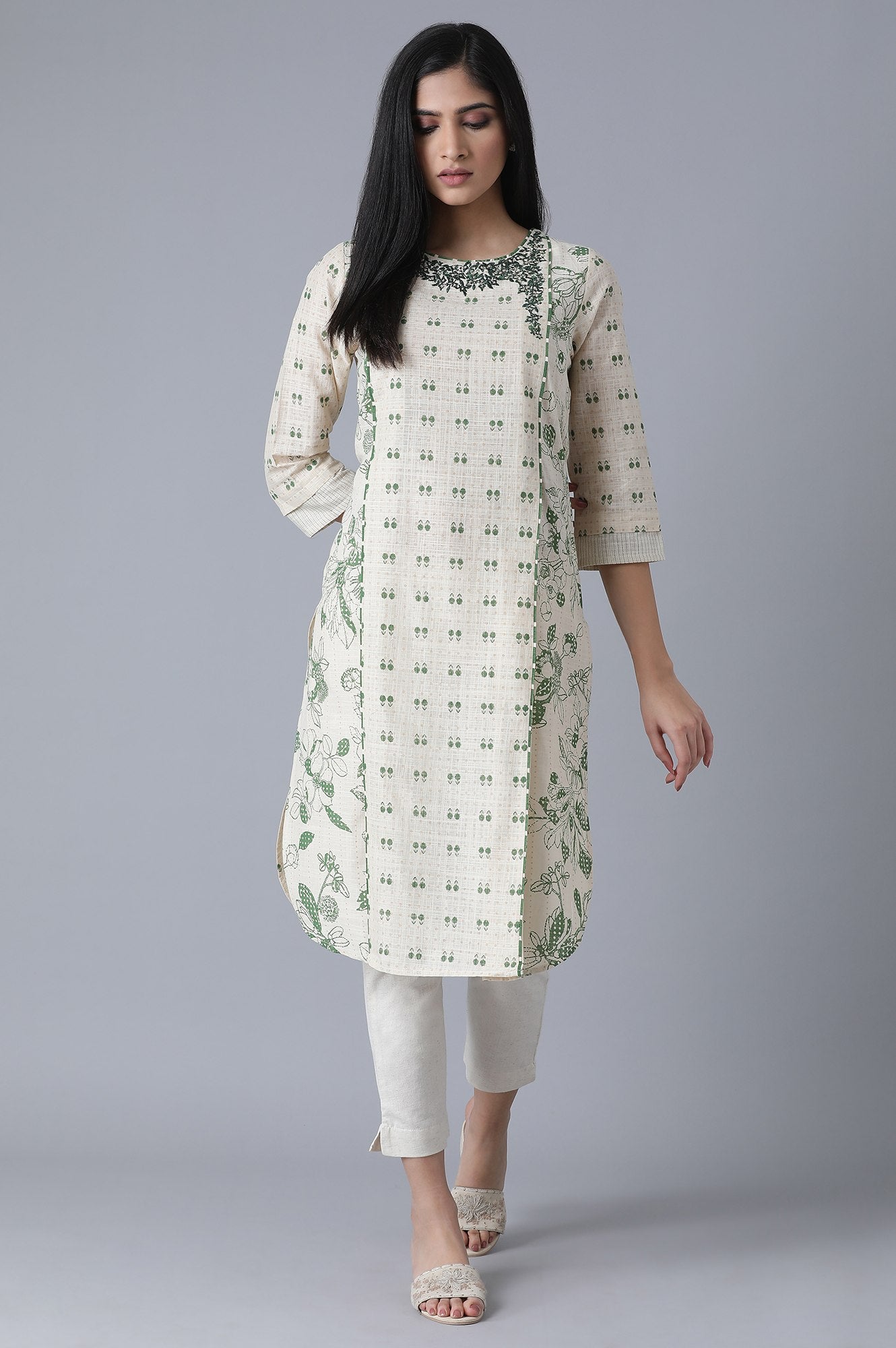 Ecru Embroidered Printed kurta