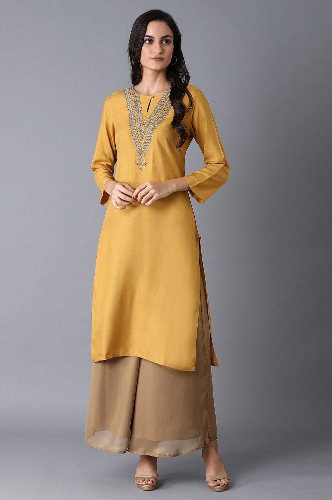 Yellow Straight Embroidered kurta - wforwoman