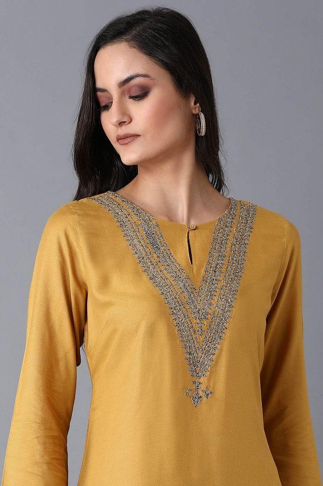 Yellow Straight Embroidered kurta - wforwoman