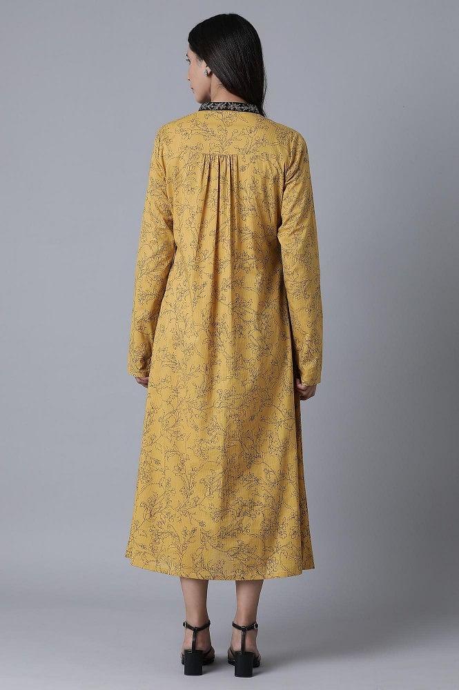 Yellow Embroidered and Printed Dress - wforwoman