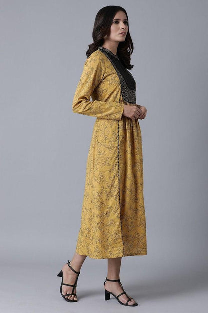 Yellow Embroidered and Printed Dress - wforwoman