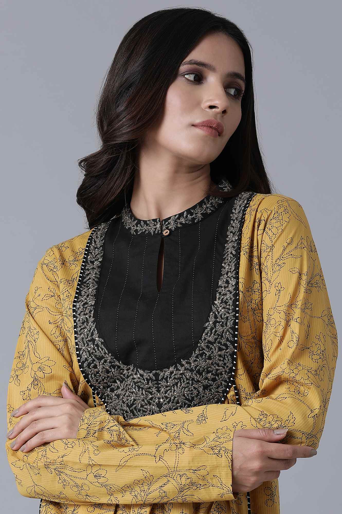 Yellow Embroidered and Printed Dress