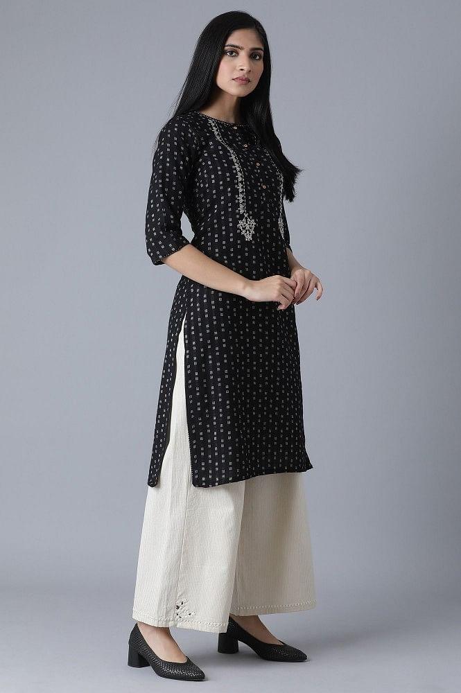 Black Polka Dots Yarn Dyed Embroidered kurta - wforwoman