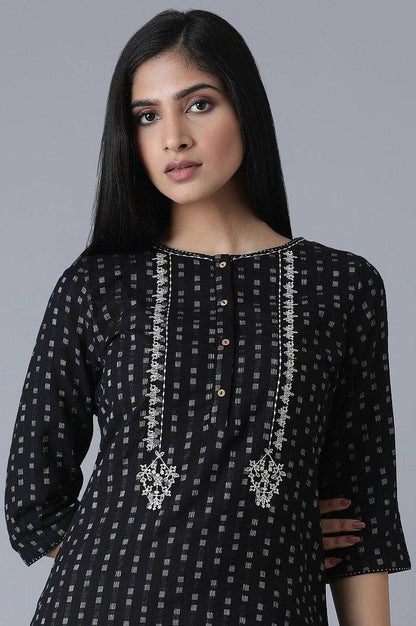 Black Polka Dots Yarn Dyed Embroidered kurta - wforwoman