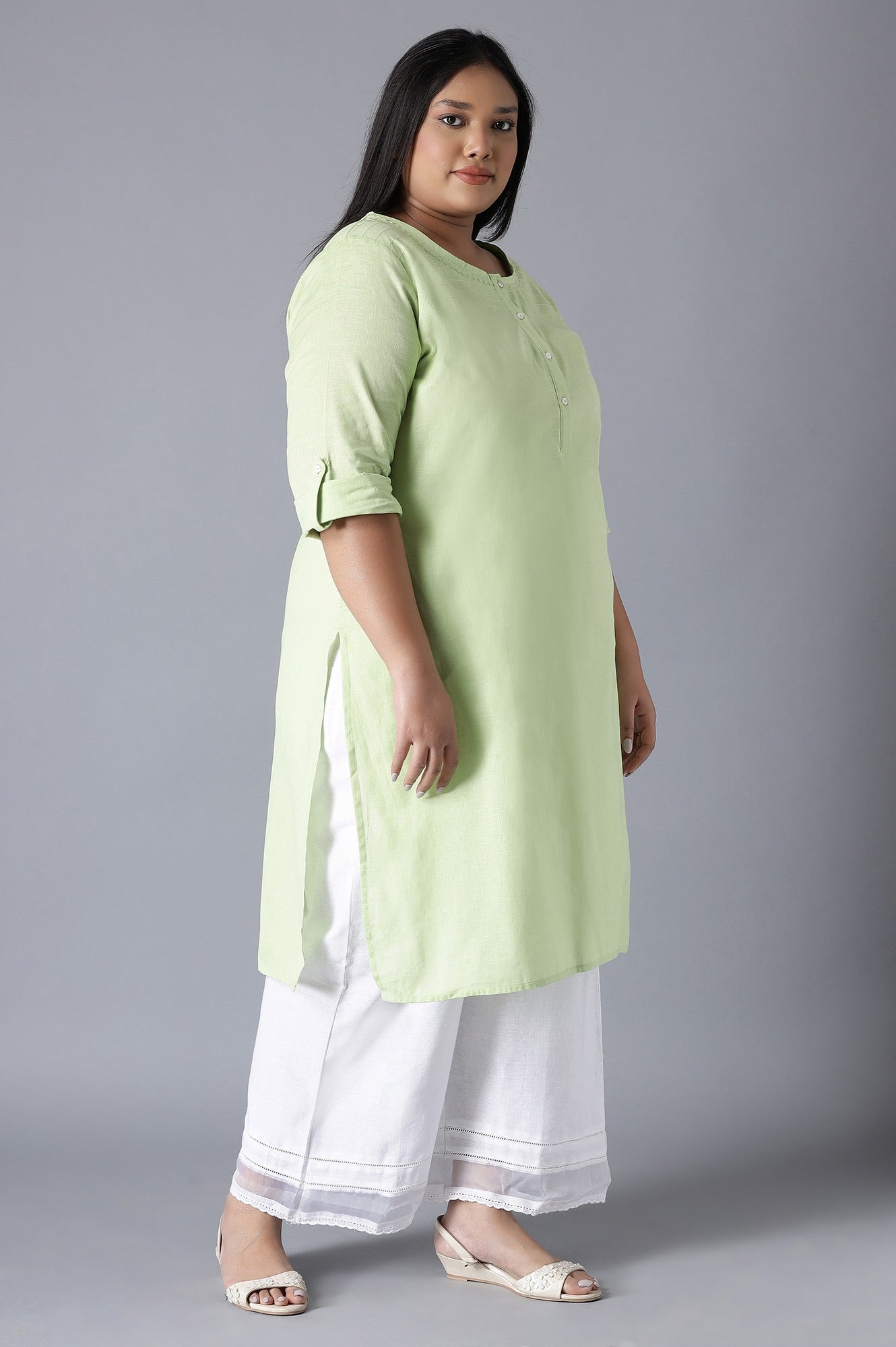 Green Round Neck Solid kurta