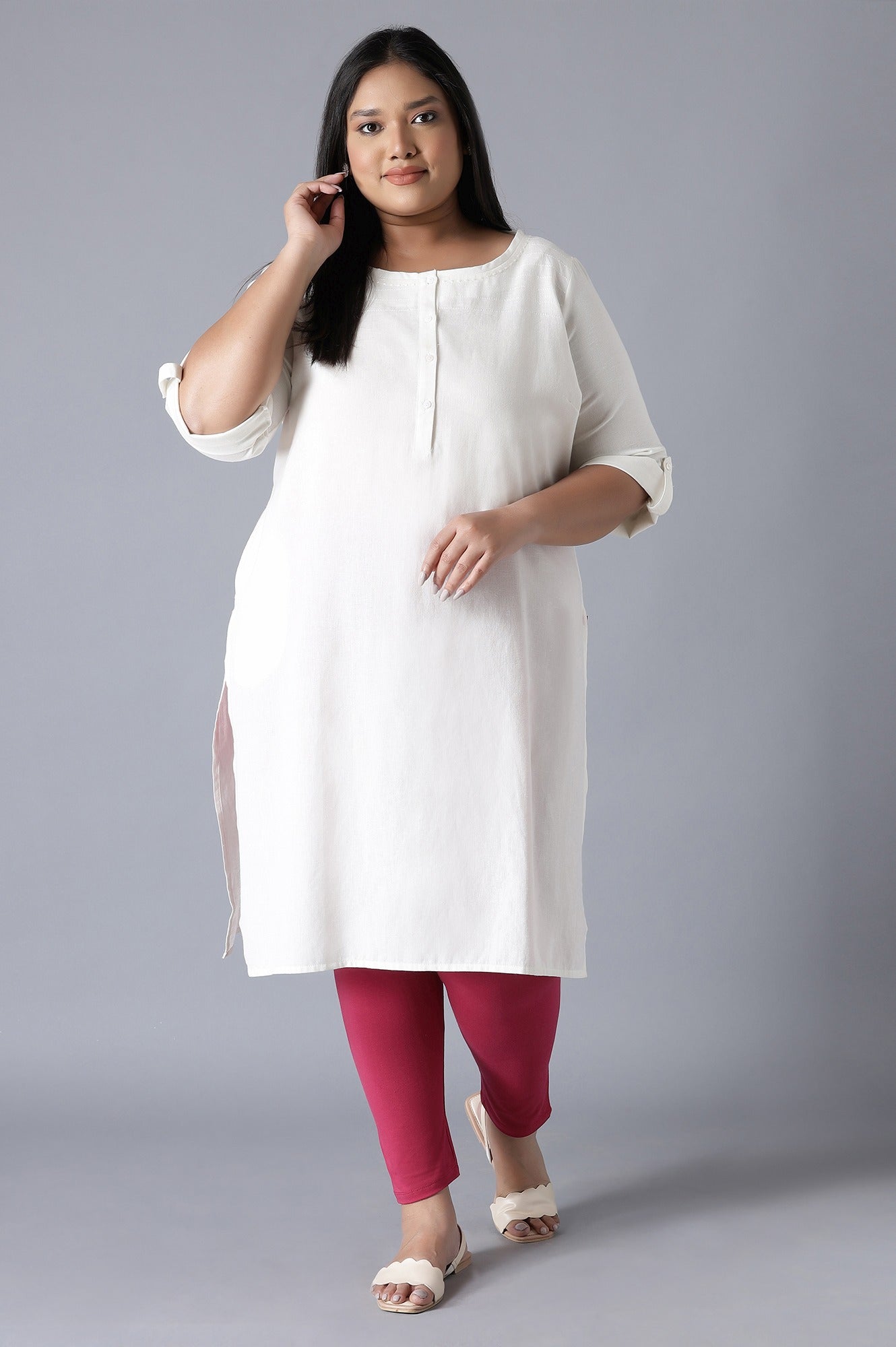 Ecru Round Neck Solid kurta