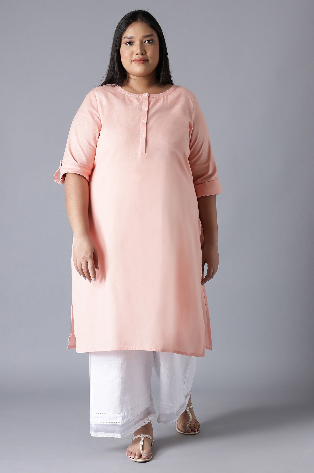 Peach Round Neck Solid kurta