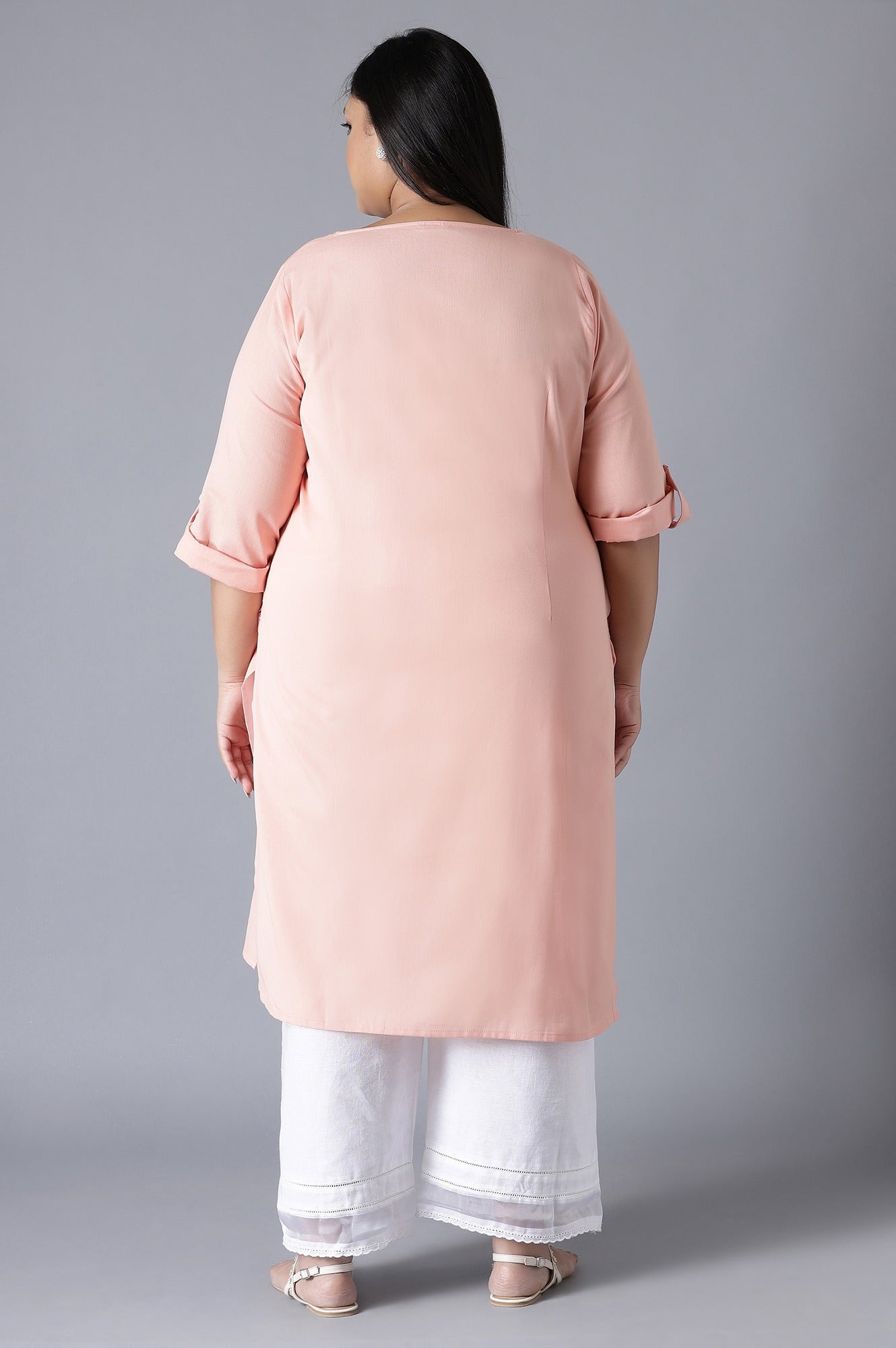 Peach Round Neck Solid kurta