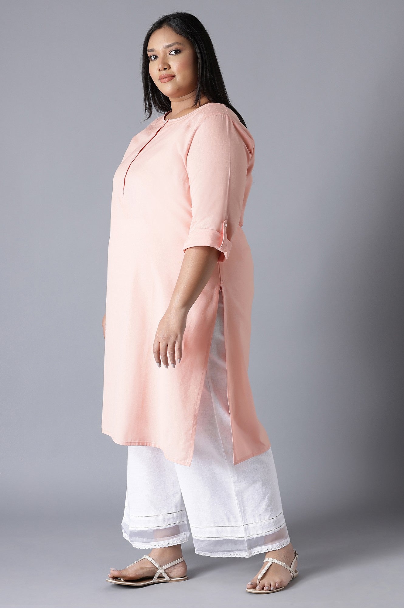 Peach Round Neck Solid kurta