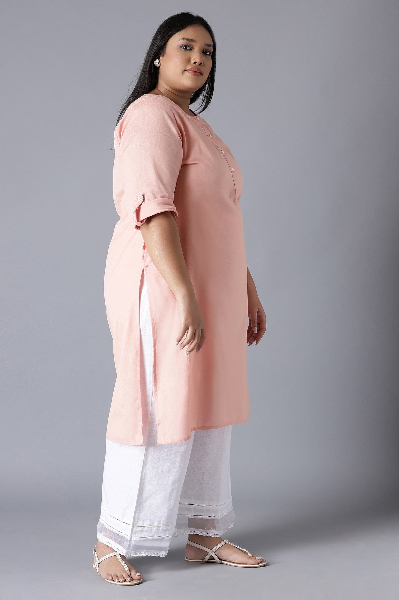 Peach Round Neck Solid kurta