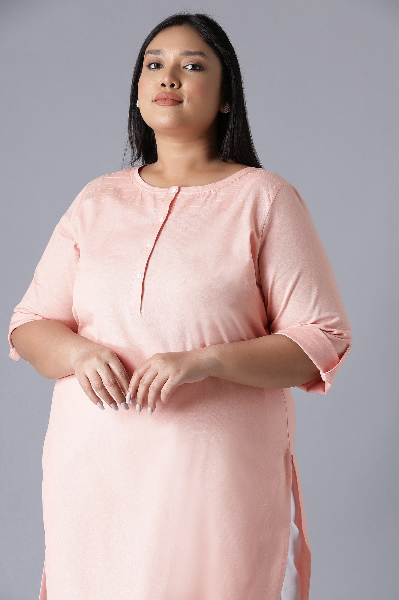 Peach Round Neck Solid kurta