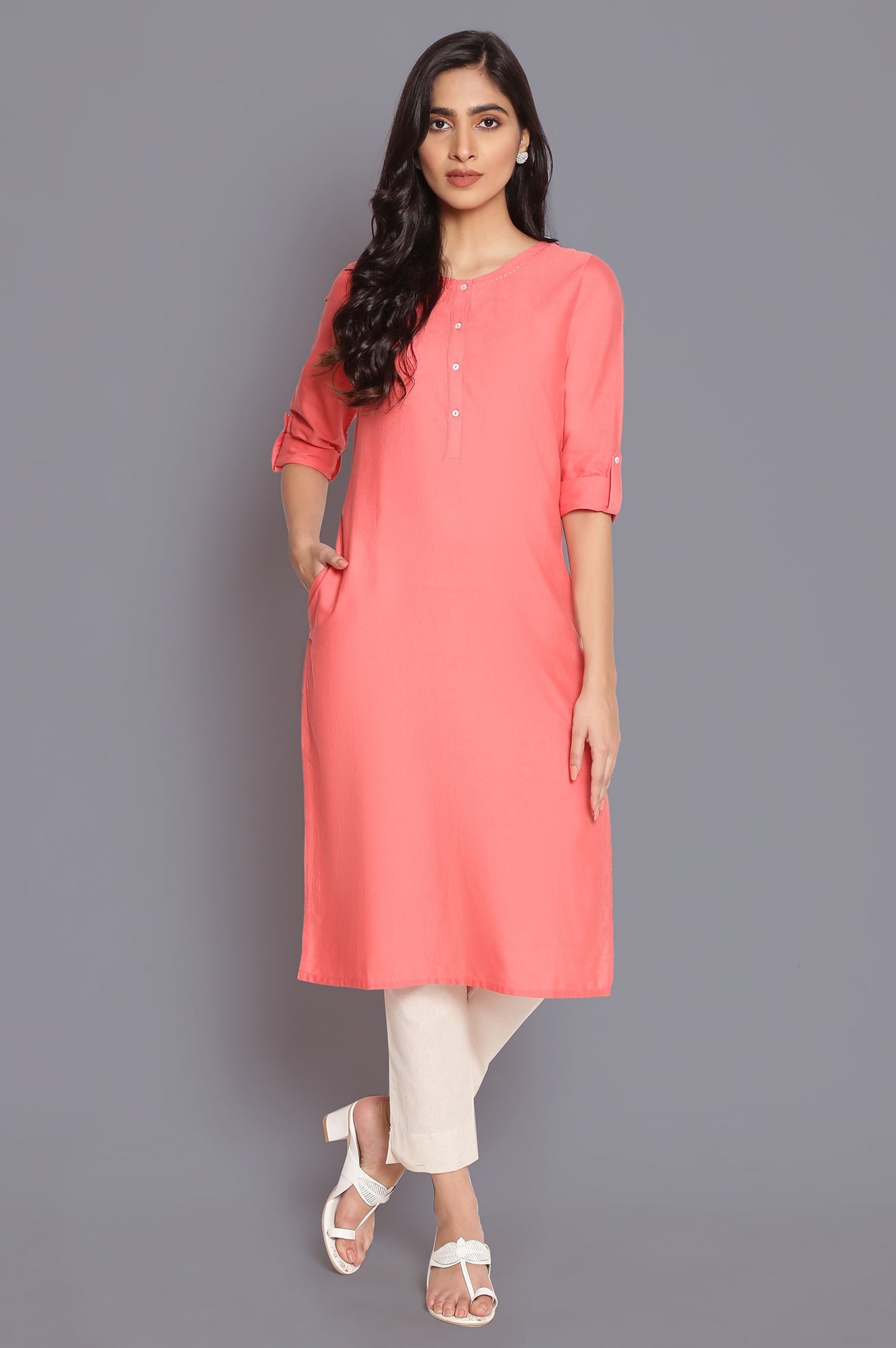 Peach Round Neck Solid kurta