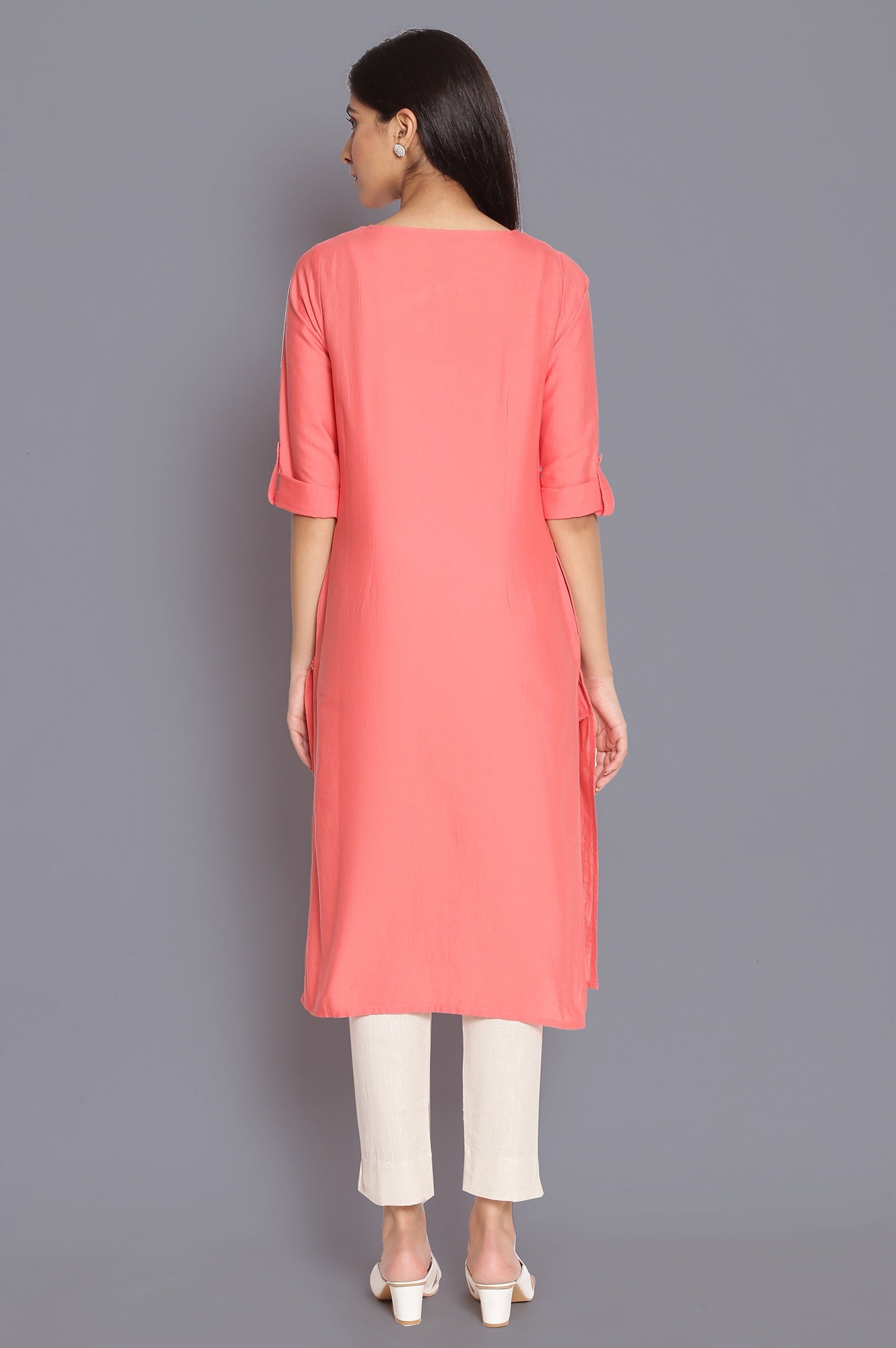 Peach Round Neck Solid kurta