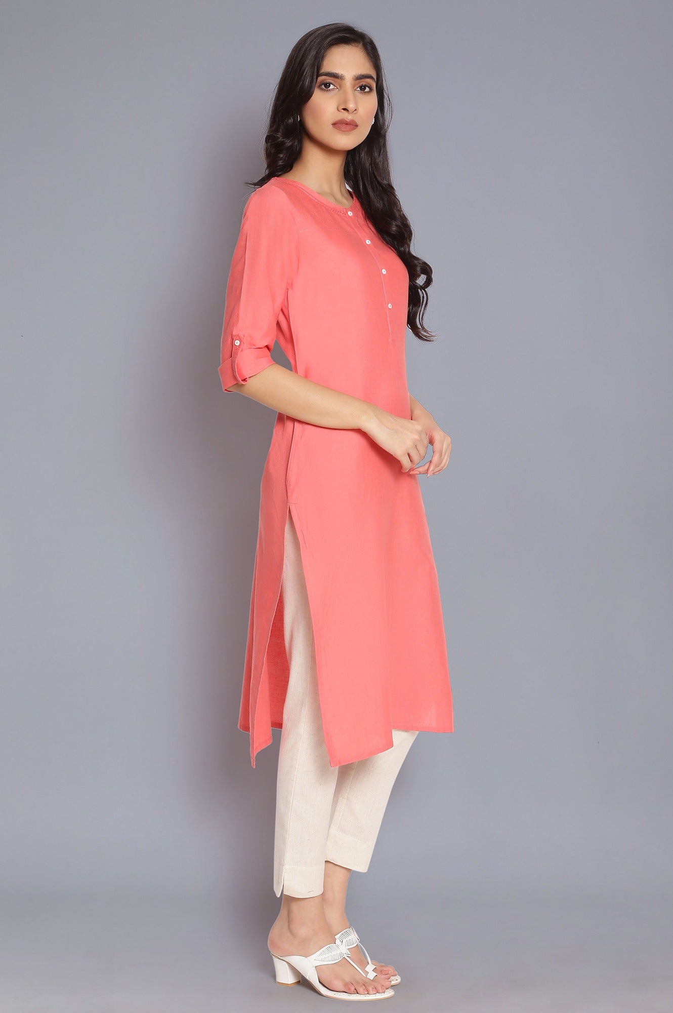 Peach Round Neck Solid kurta