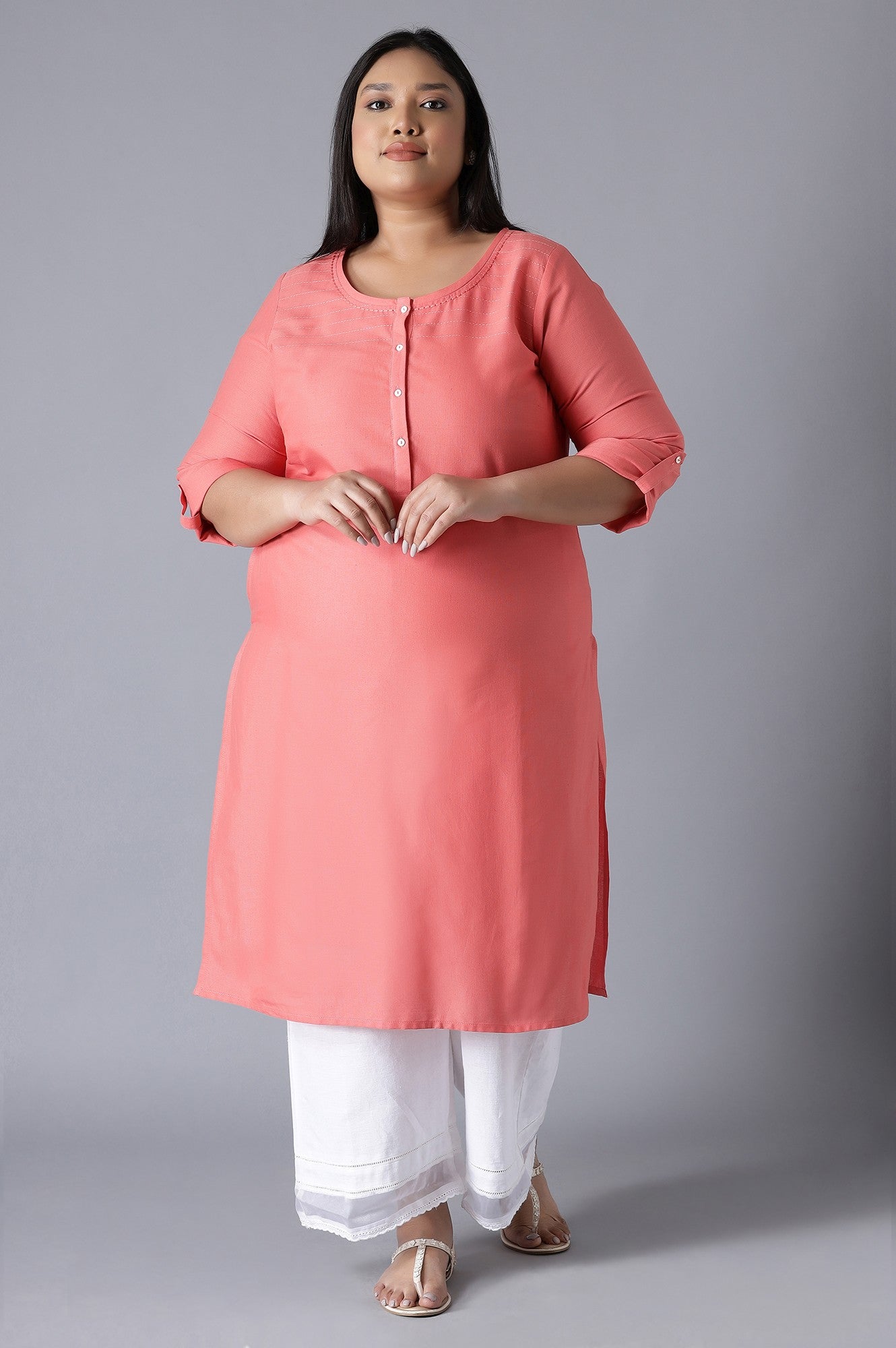 Peach Round Neck Solid kurta