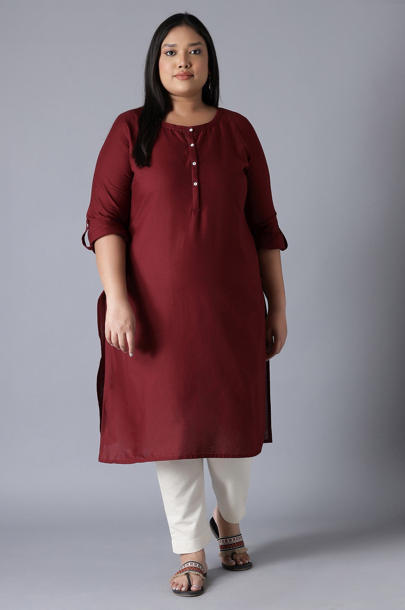 Maroon Round Neck Solid kurta