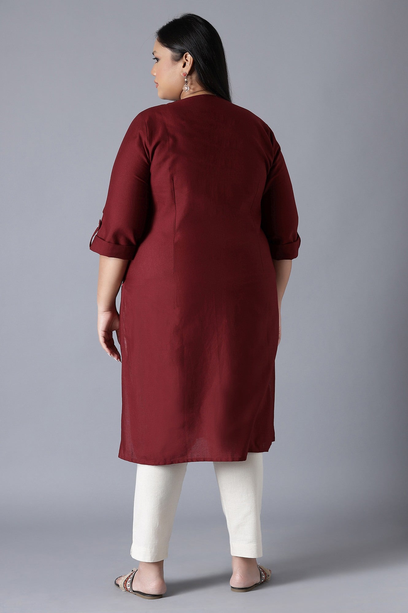 Maroon Round Neck Solid kurta