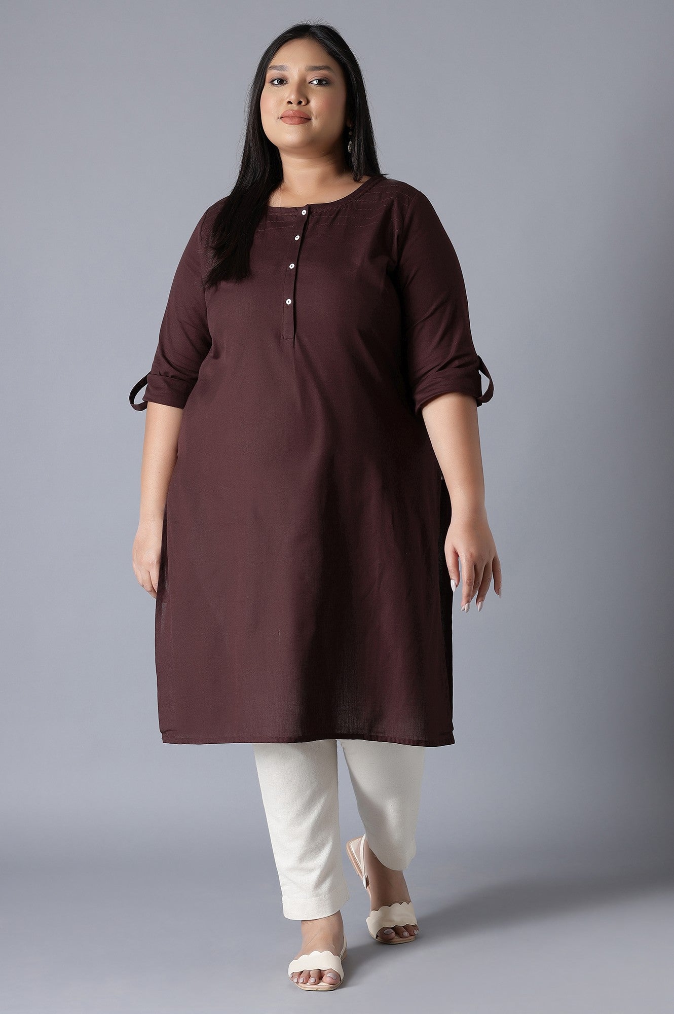 Brown Round Neck Solid kurta