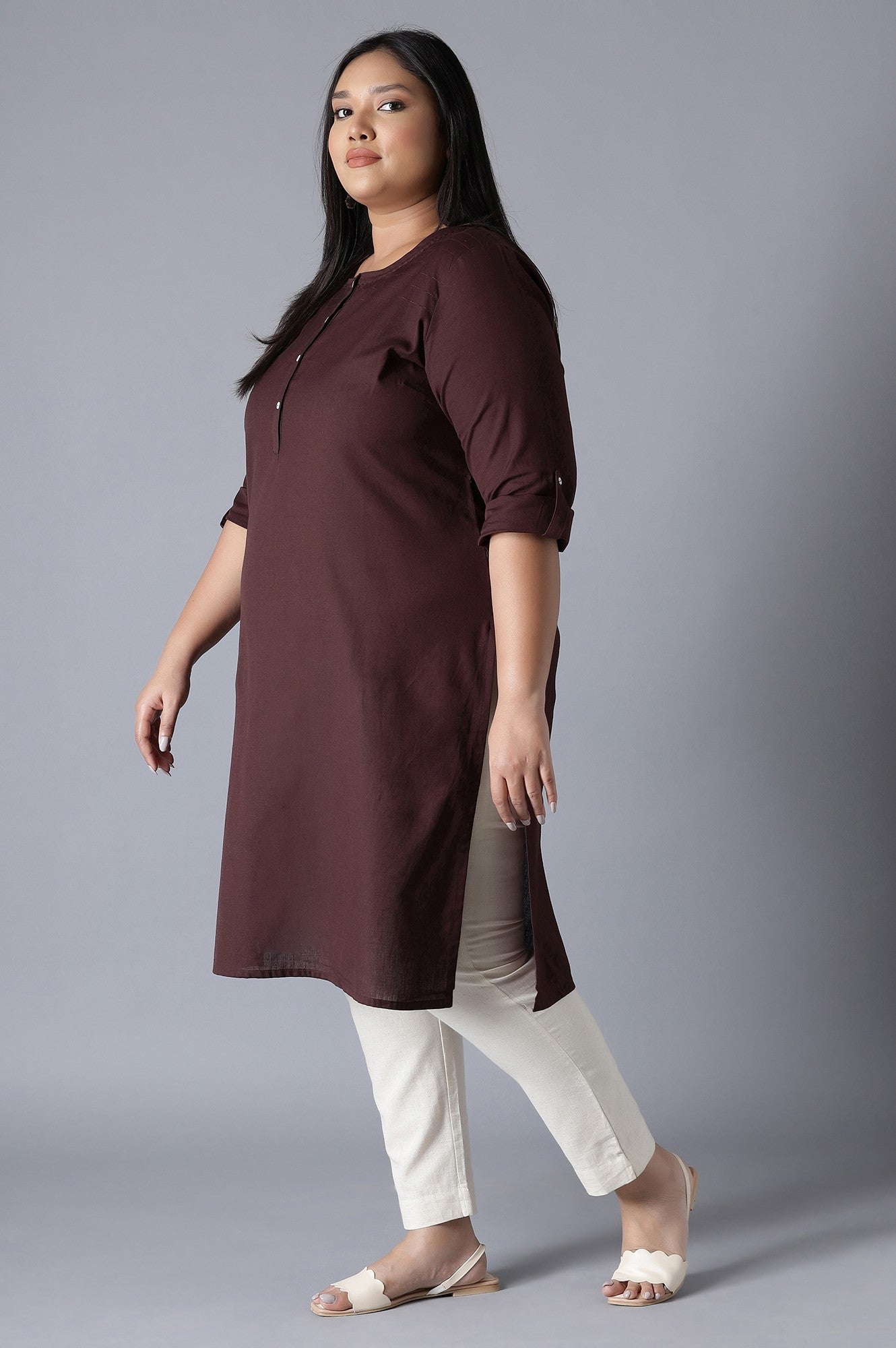 Brown Round Neck Solid kurta