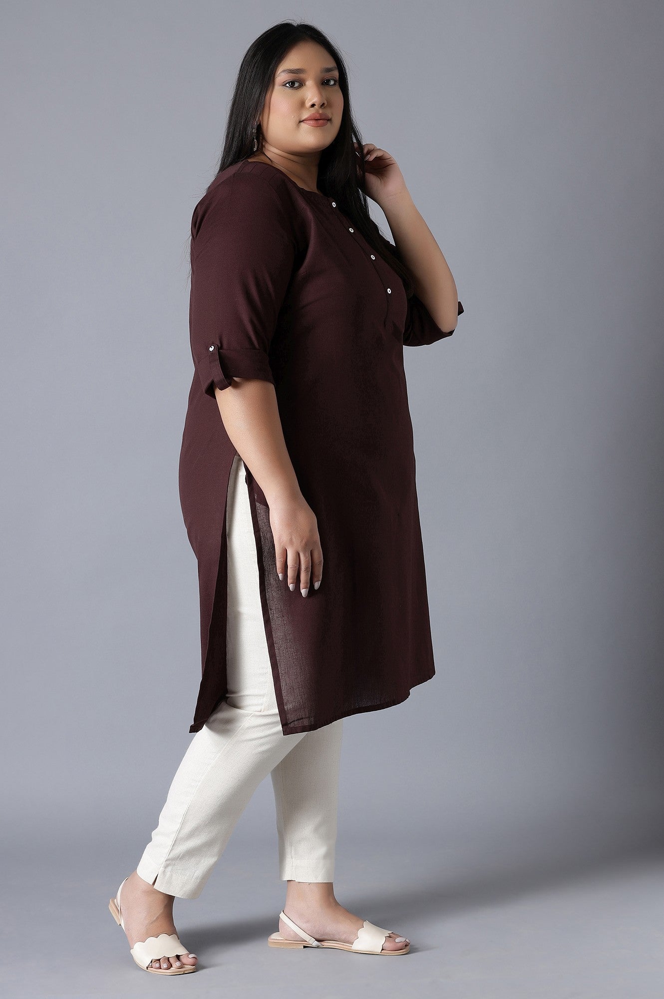 Brown Round Neck Solid kurta