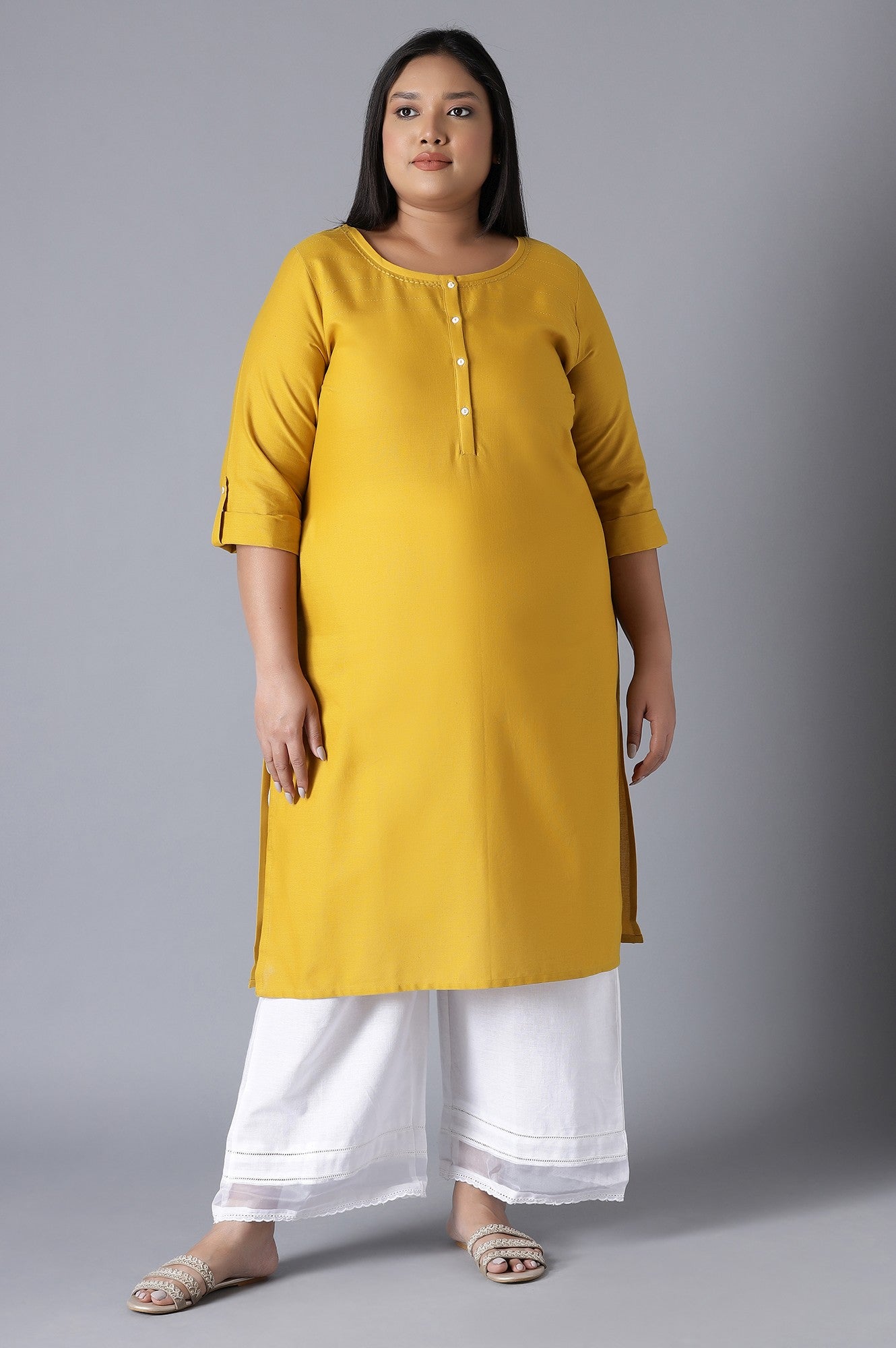 Yellow Round Neck Solid kurta